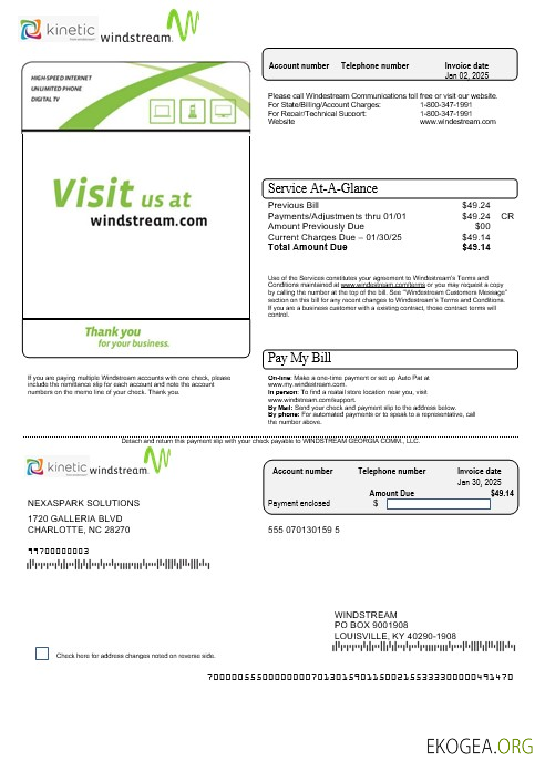 Modèle de facture de services publics de USA Windstream Holdings, Inc. aux formats Word et PDF